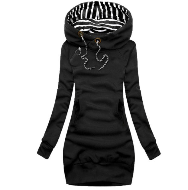 【S-3XL】Snur Buzunar frontal Mâneci lungi Pulover de lungime mijlocie Hanorac cu glugă Femei Toamnă Iarnă Imprimare ritm slim Fit Hanorac cu glugă Îmbrăcăminte exterioară